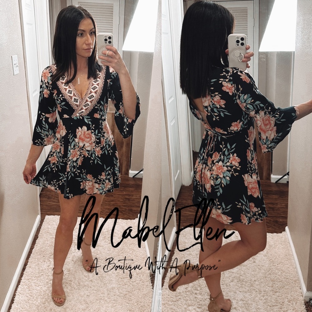 Billabong black and pink floral bell sleeved sundress size XS